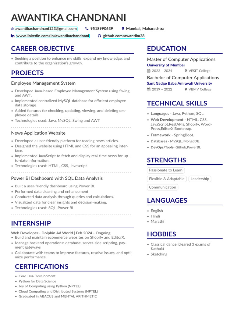 Web Developer Resume of Awantika Chandnani | PDF | Web Development ...