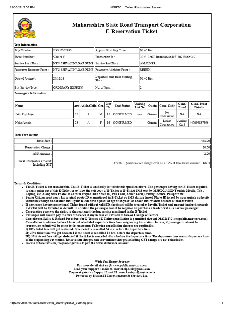 MSRTC - Online Reservation System | PDF | Fare
