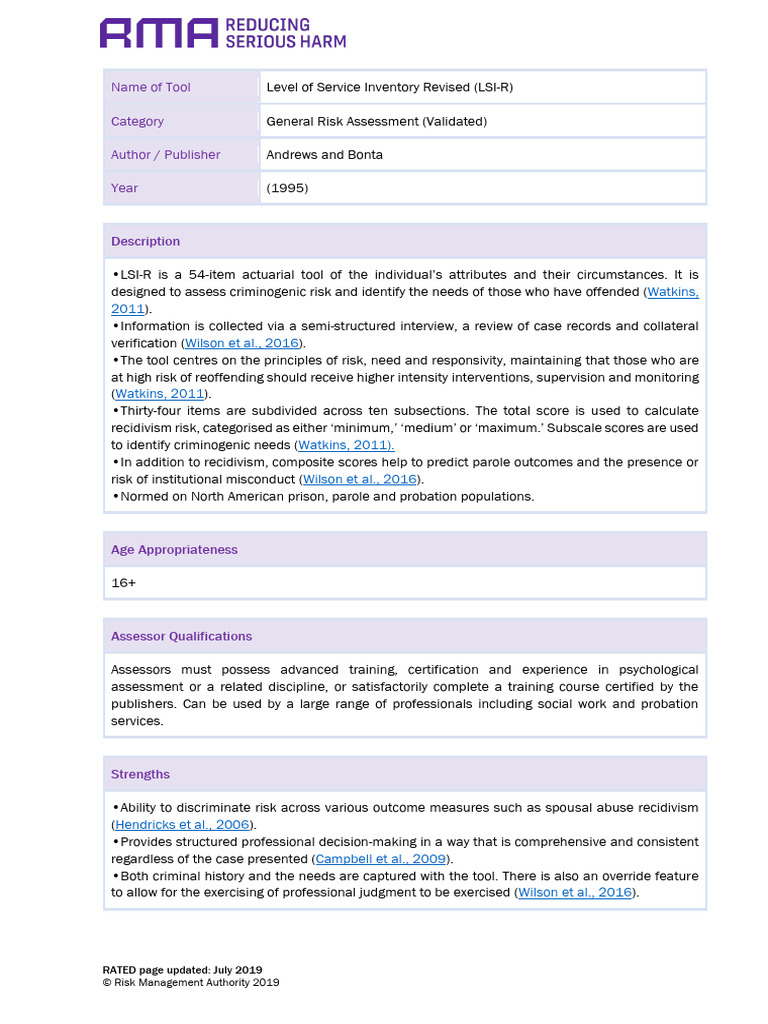 Level of Service Inventory Revised LSI R | PDF | Recidivism | Risk