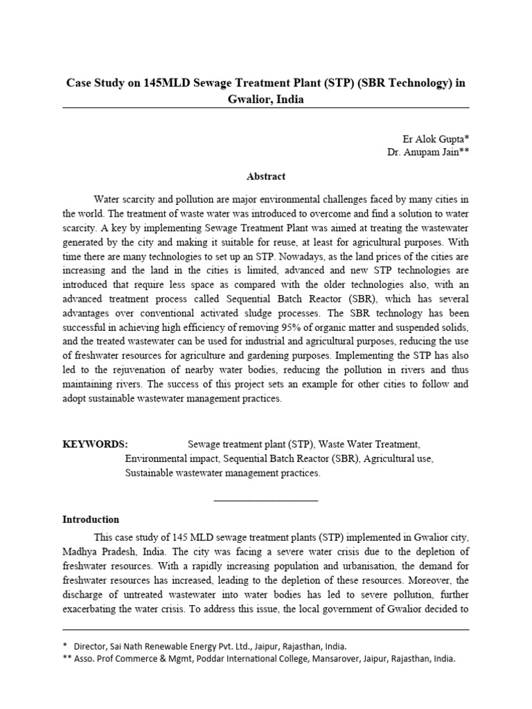 Gwalior's 145MLD SBR Sewage Treatment Case Study | PDF | Sewage ...