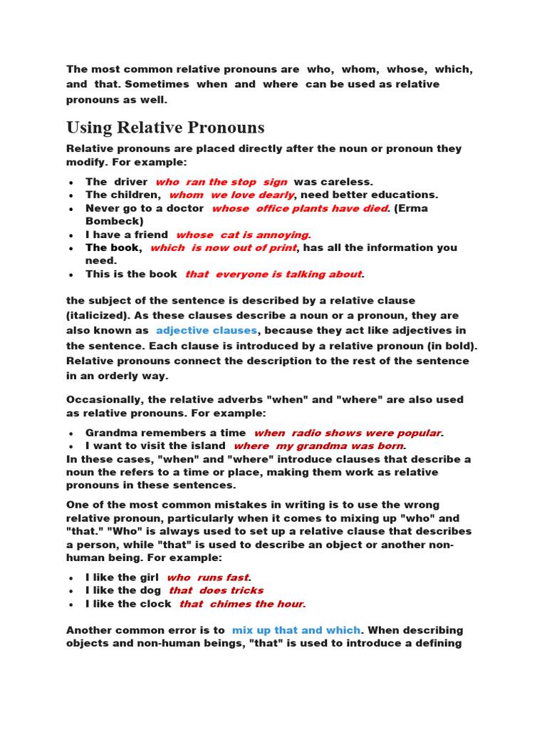 Common Relative Pronouns Explained | PDF | Philosophy | Language Arts ...