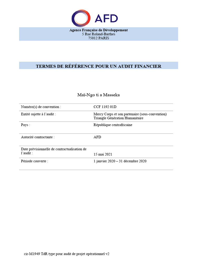 Termes de référence pour audit financier | PDF | Audit | Business