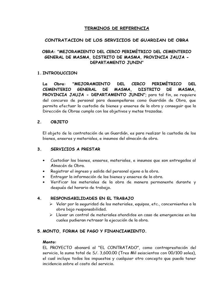 Contratación de Guardián de Obra en Masma | PDF