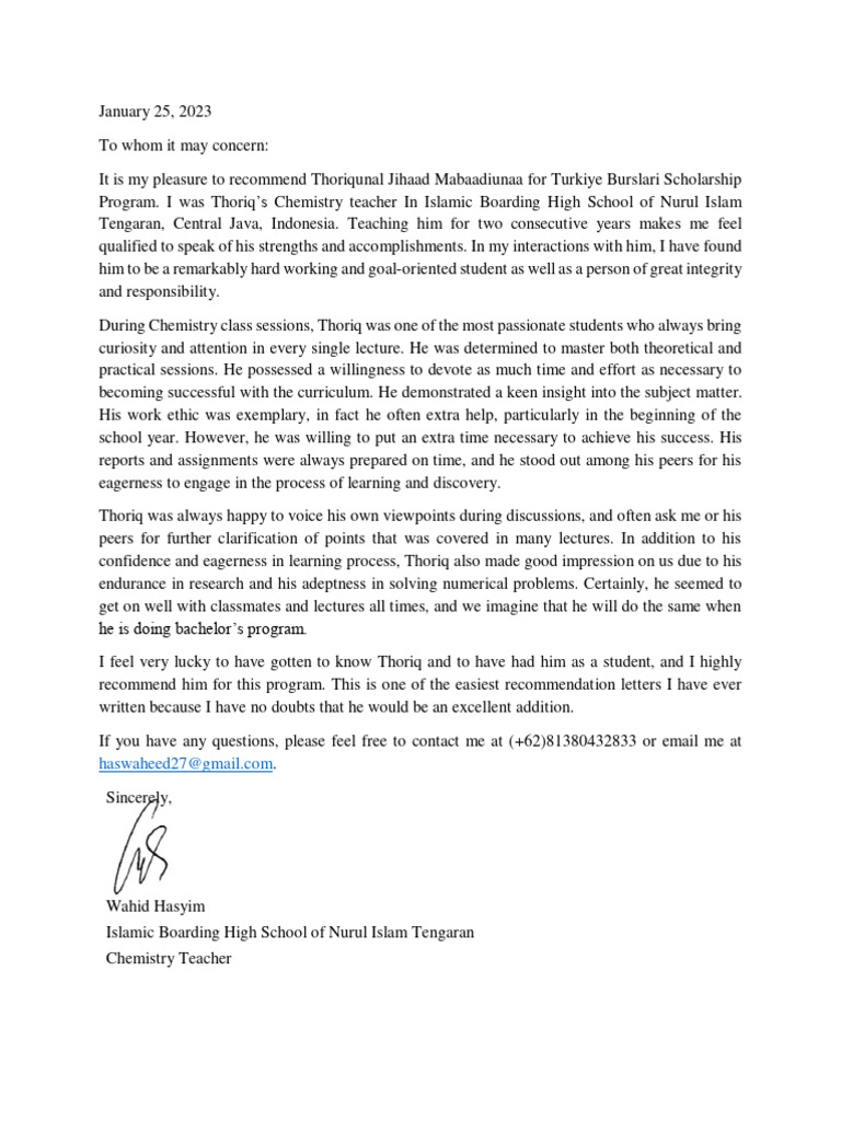 Recommendation Letter Thoriqunal Jihaad Mabaadiunaa | PDF