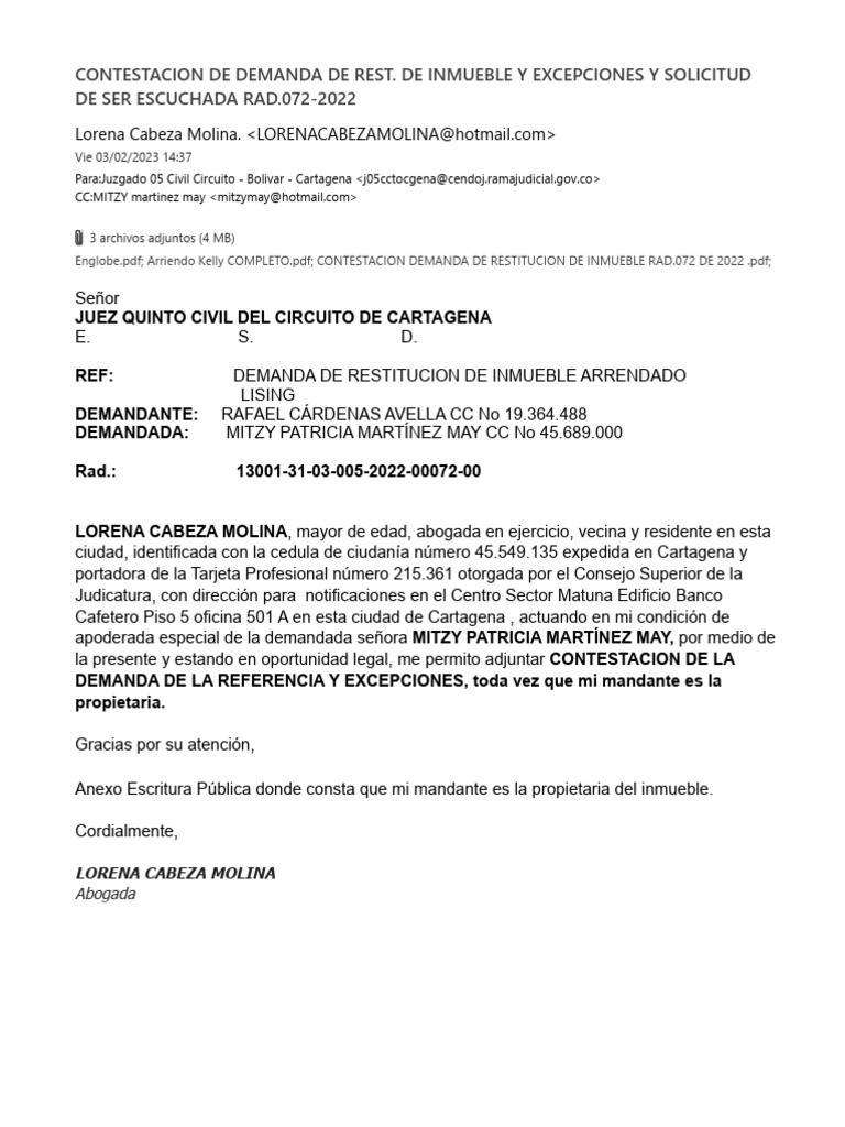 Contestación a Demanda de Restitución Inmueble | PDF | Debido al ...