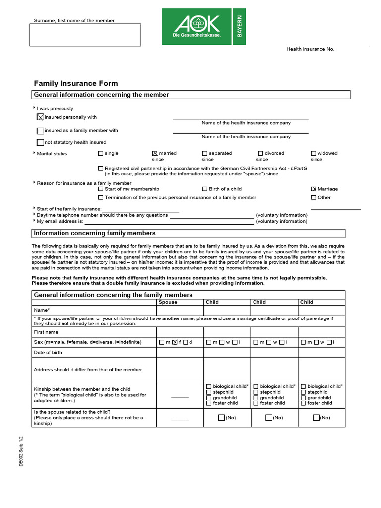 Family Insurance Application Form | PDF | Pension | Welfare