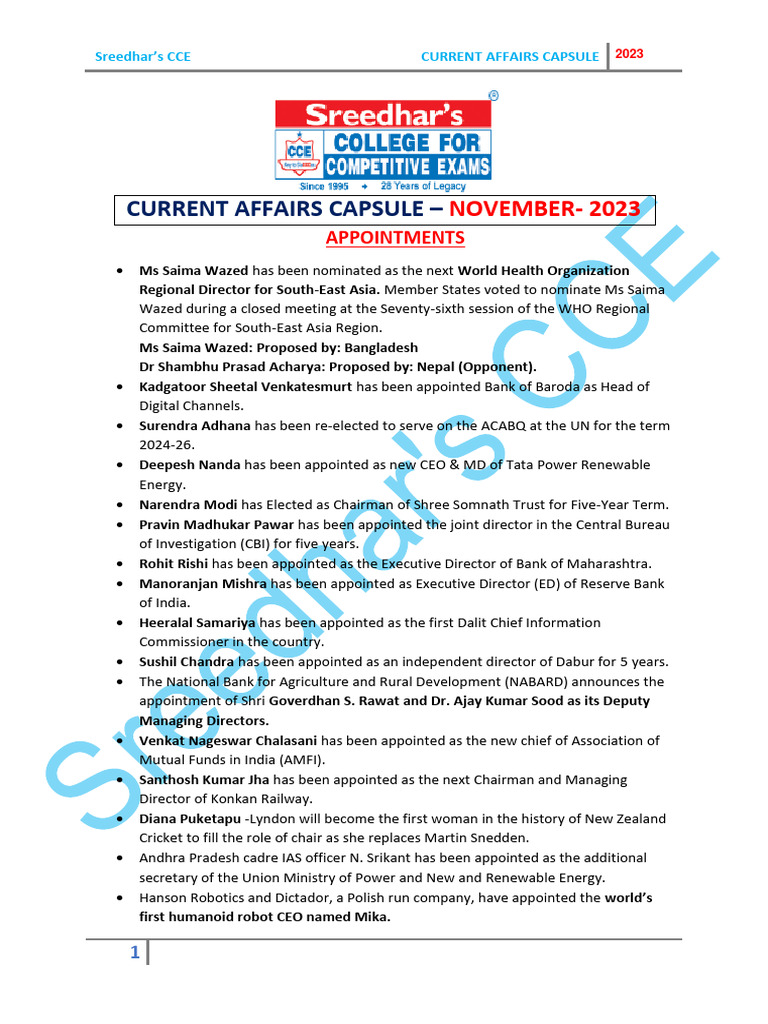 Current Affairs Capsule - November-2023 | PDF | Reserve Bank Of India