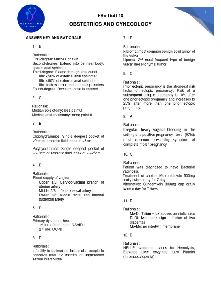 OB/GYN Pre-Test Answer Key | PDF | Medical Specialties | Human Reproduction