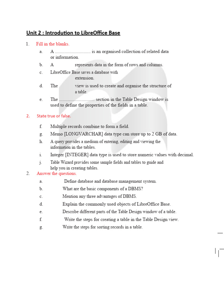 Unit 2 introdution to libreoffice base fill in the blanks pdf