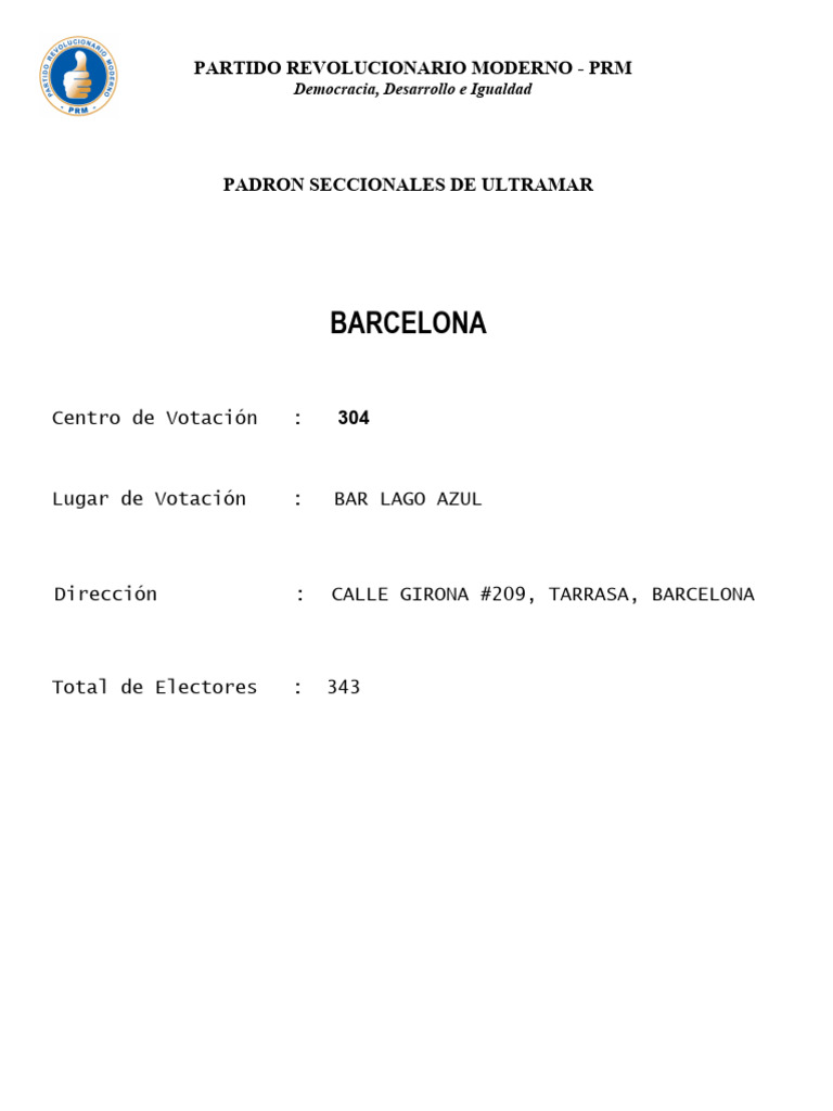 Padrón Electoral PRM en Barcelona | PDF | República Dominicana ...