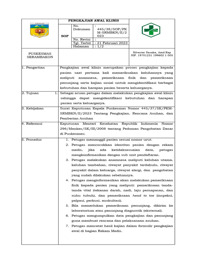 Sop pengkajian awal klinis pdf pengembangan diri