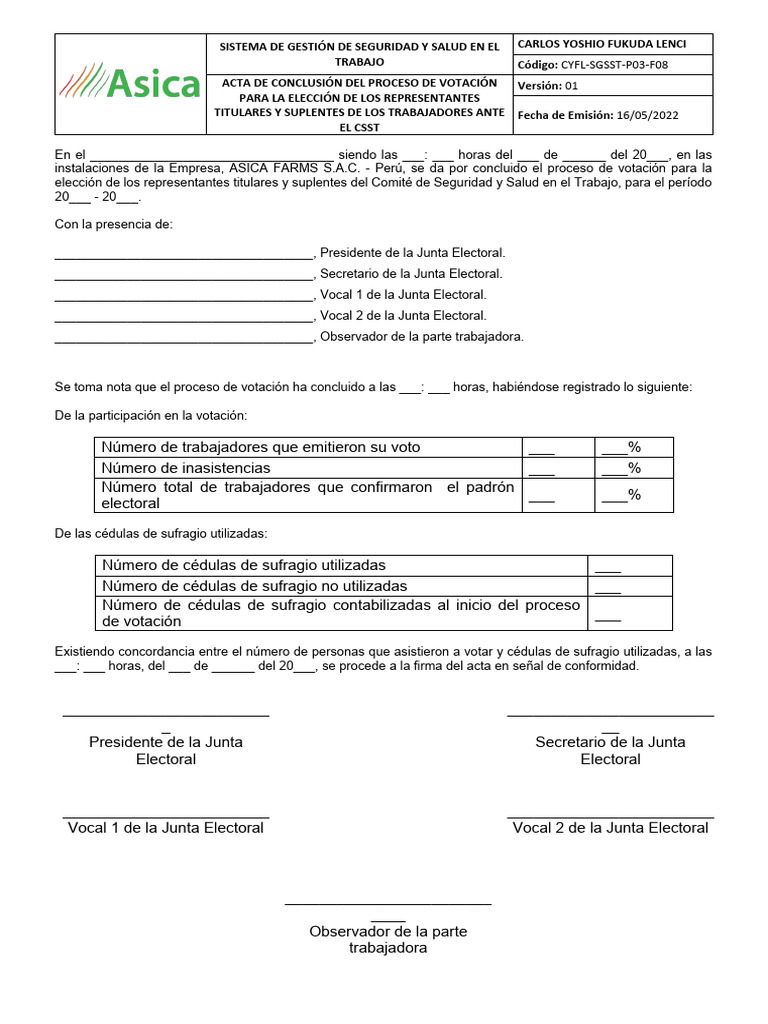 ASF-SSOMA-P03-F08 Acta de Termino de Proceso de Votacion | PDF ...