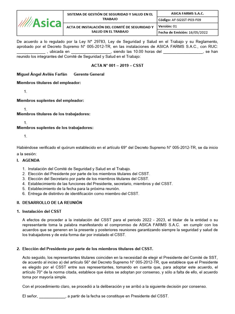 Acta de Instalación del CSST en Asica Farms | PDF | Negocios | Finanzas ...
