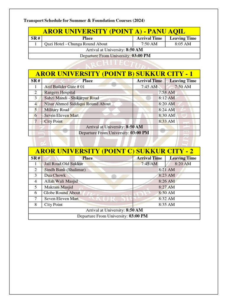Aror University 2024 Transport Schedule | PDF | Transport | Public ...