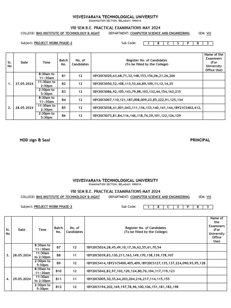 B.E. VIII Sem Practical Exam Schedule | PDF | Engineering