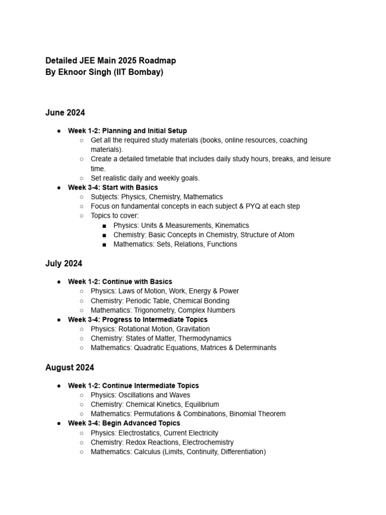 Roadmap To JEE Main 2025 Success | PDF | Chemistry | Physics