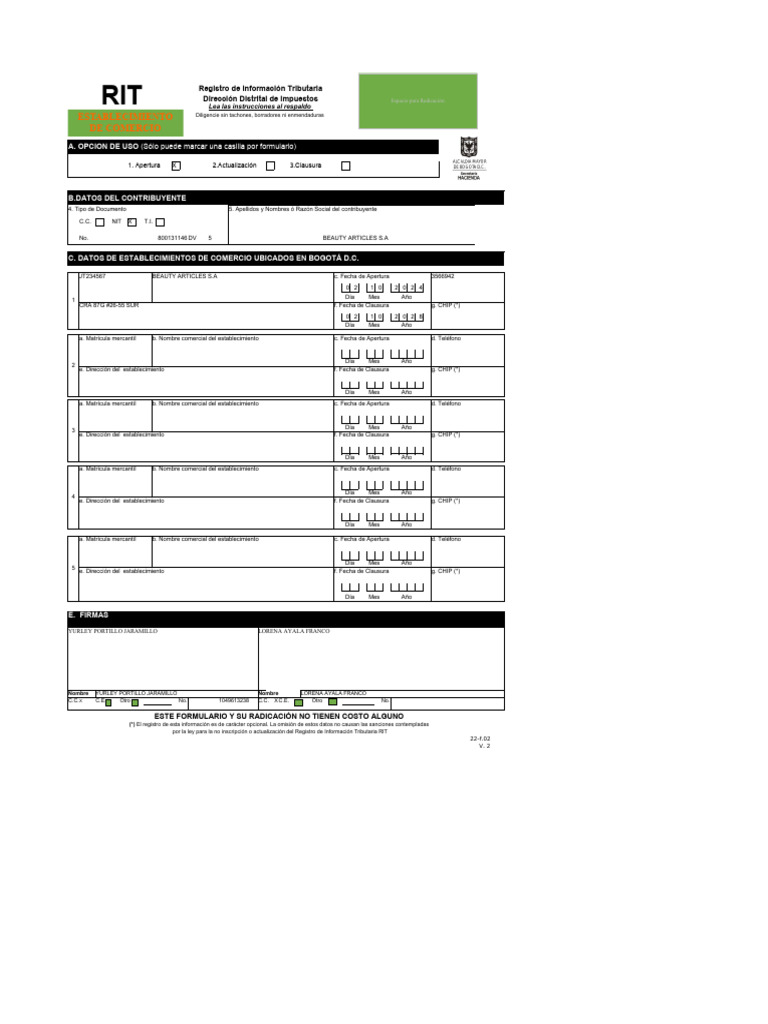 Formato Rit Establecimientos | PDF