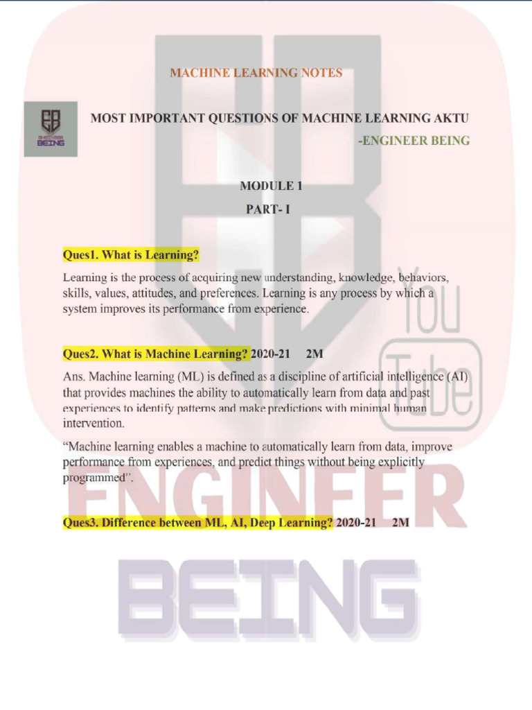 Engineer being machine learning notes pdf