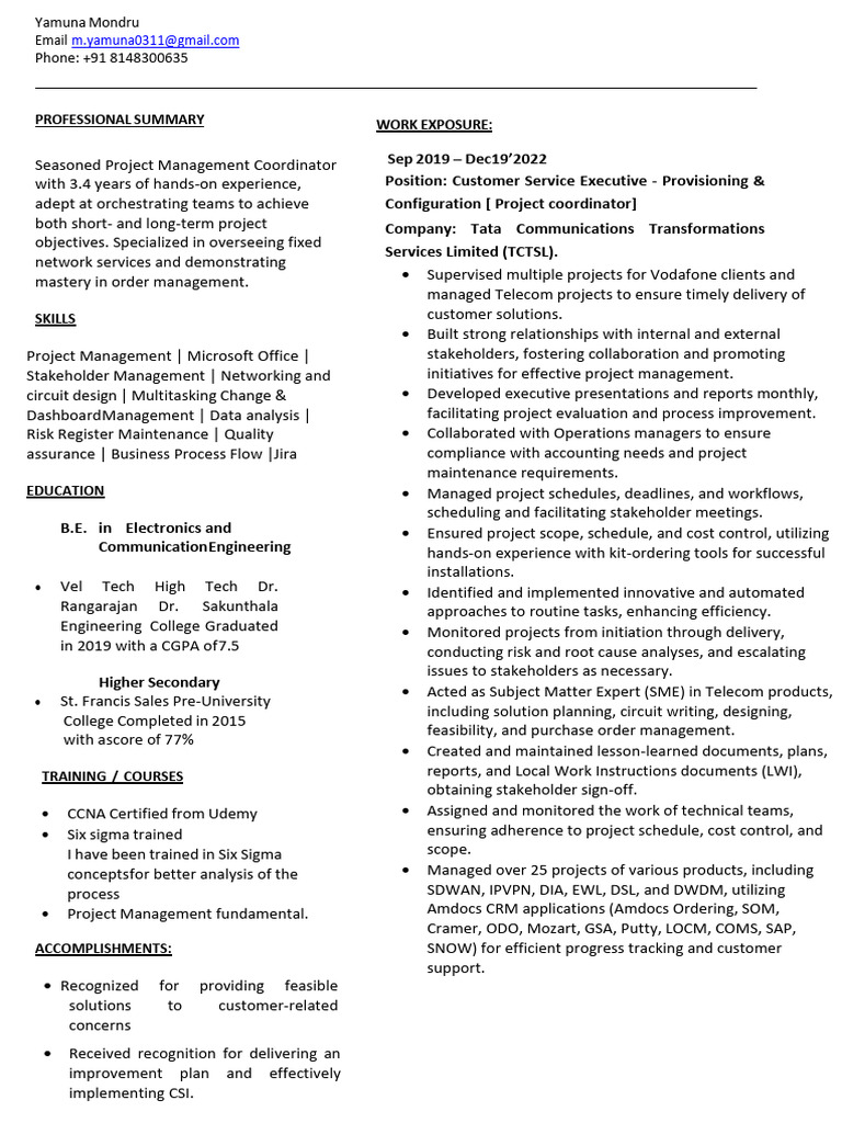 Yamuna+Resume+3 4+years+-Project+coordinator | PDF | Project Management ...
