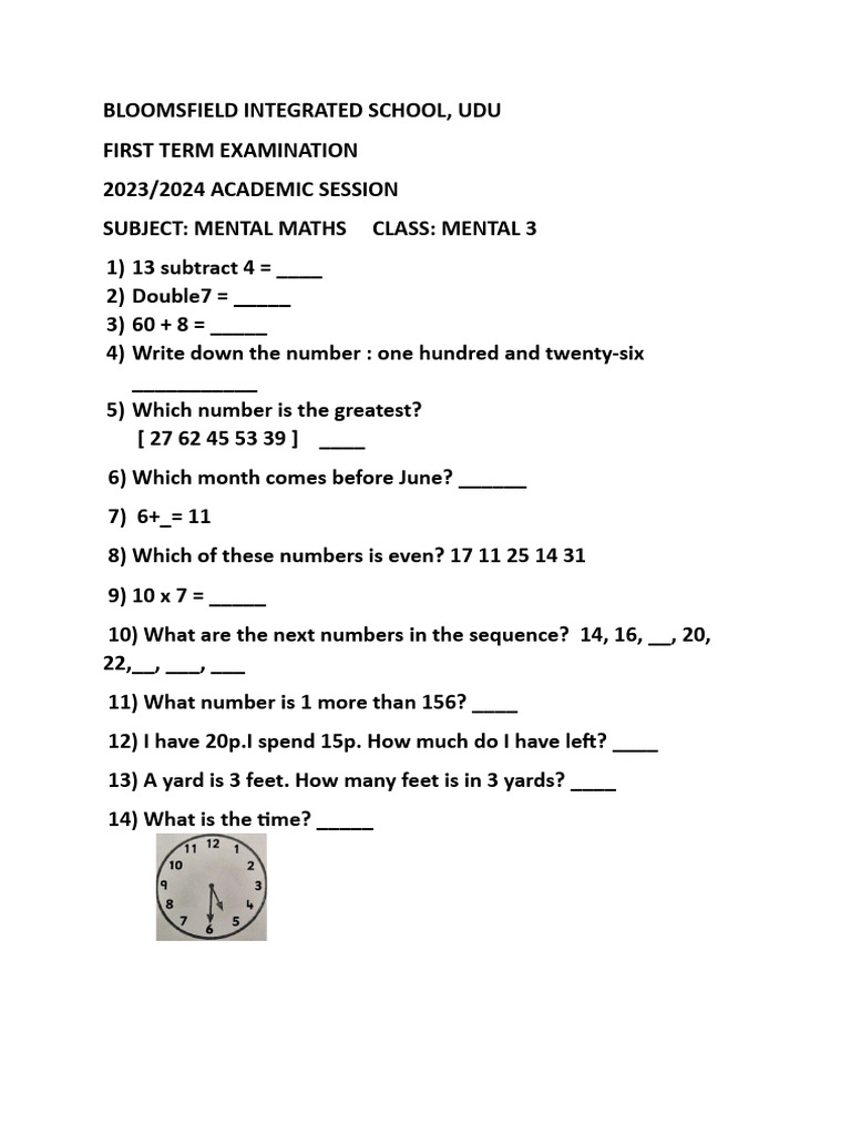 Mental Maths Year 3 First Term Second | PDF | Teaching Methods & Materials