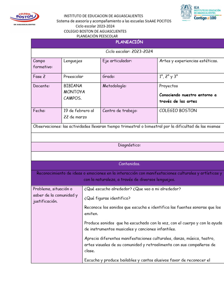 Planeación preescolar ARTES | Descargar gratis PDF | Bailes | Canto