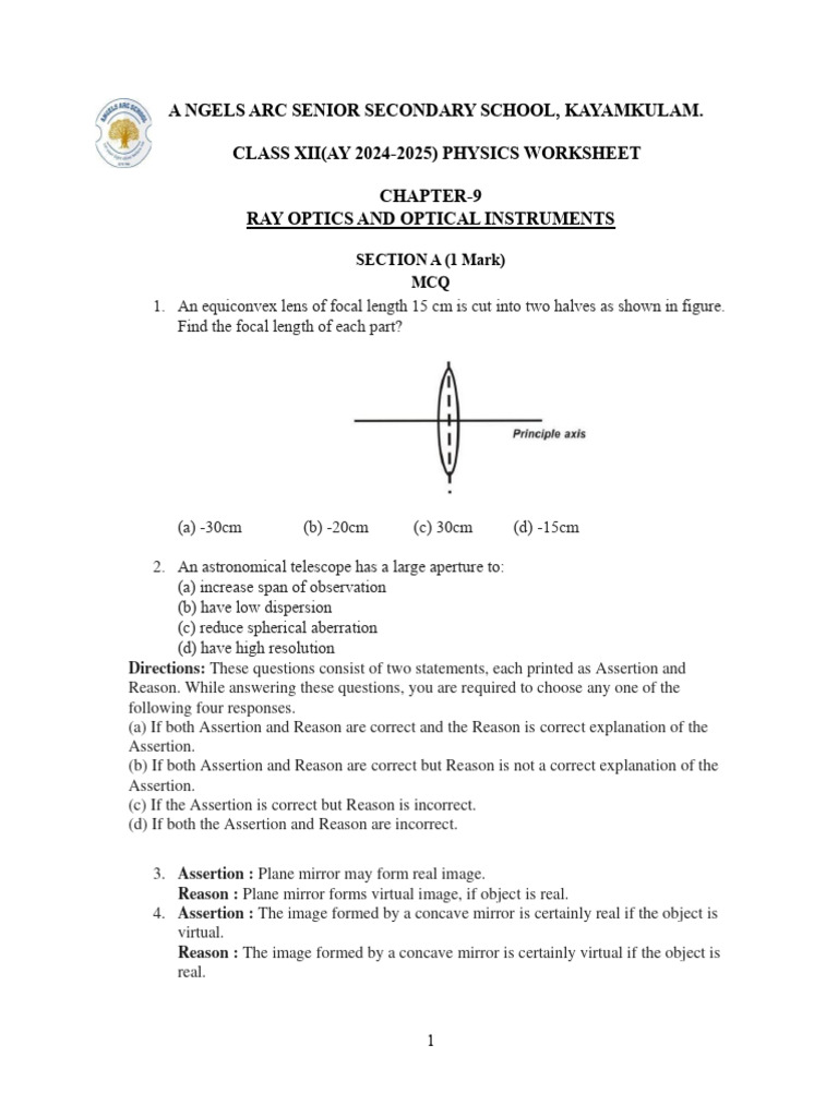 Ray Optics Worksheet for Class XII | PDF | Optics | Electromagnetic ...