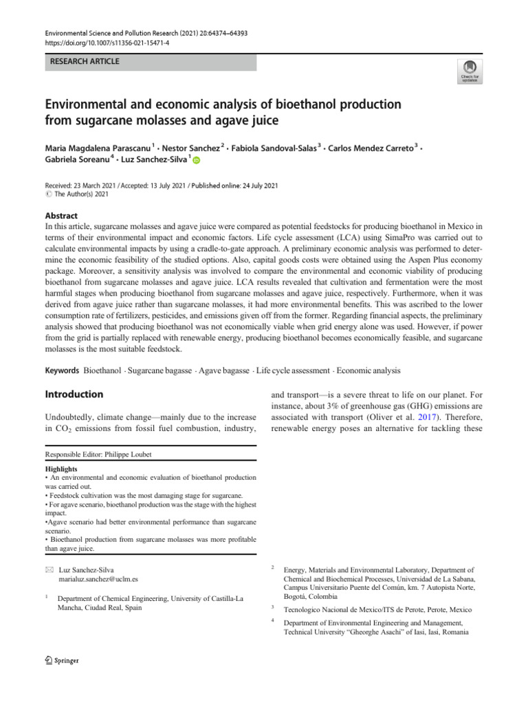 Environmental and Economic Analysis of Bioethanol Production From ...