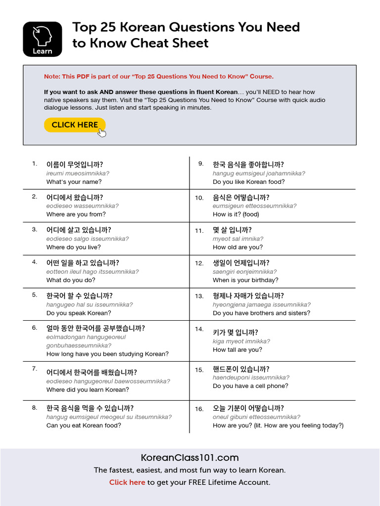 Top 25 Essential Korean Questions | PDF | Korea | Linguistics