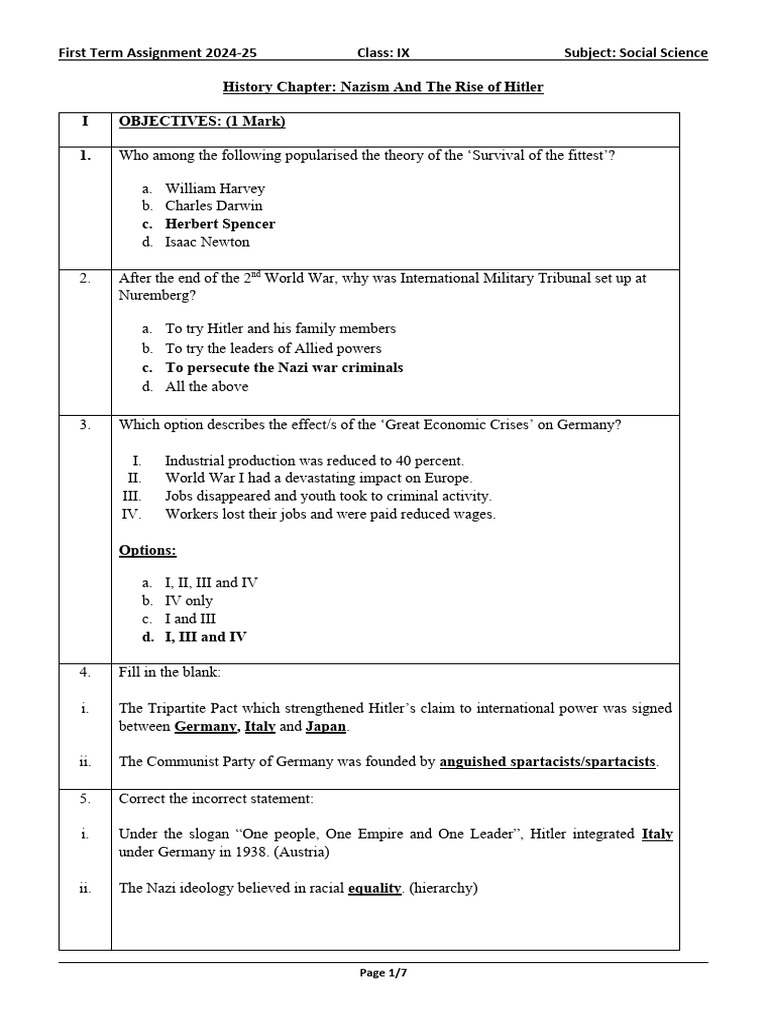 Nazism and Hitler's Rise: Class IX MCQs | PDF | Nazi Germany | Adolf Hitler
