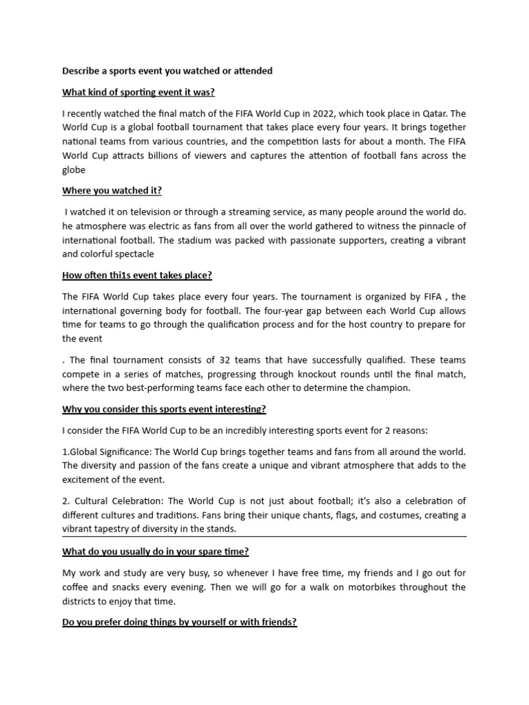 Describe A Sports Event You Watched or Attended | PDF | Fifa World Cup ...