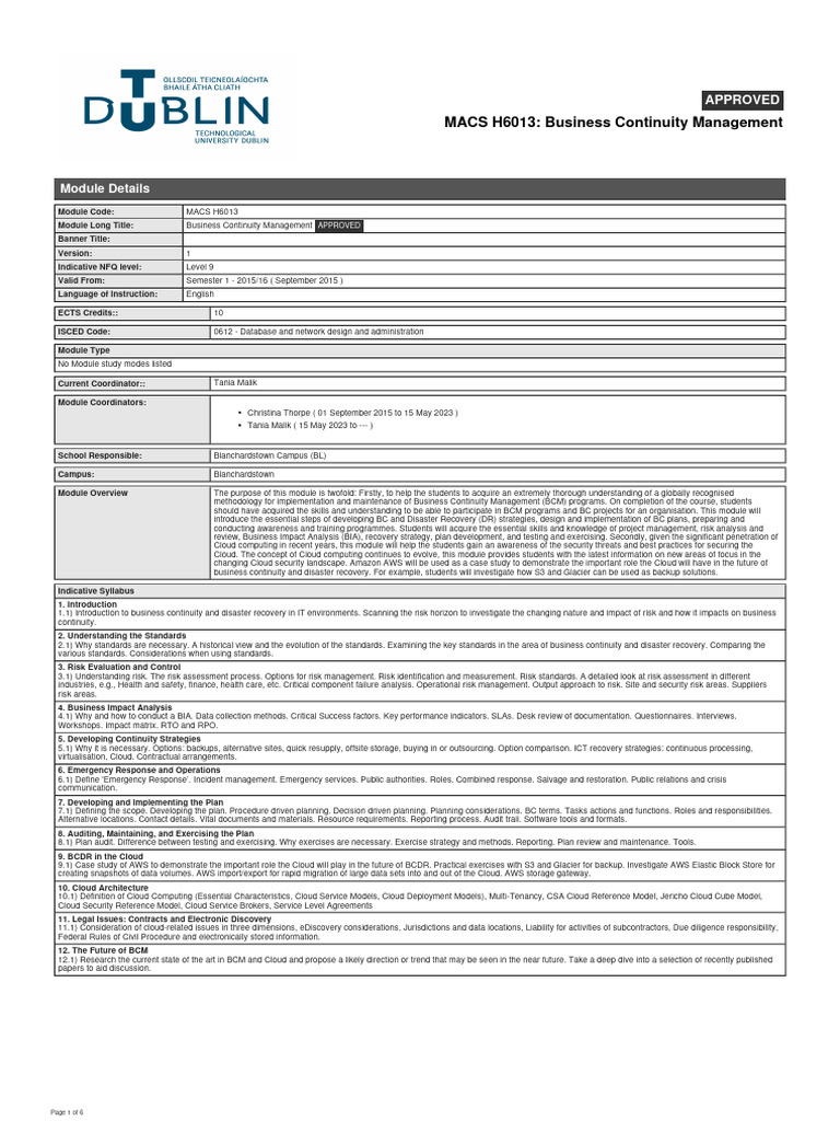 Module Business Continuity Management Business Continuity Management