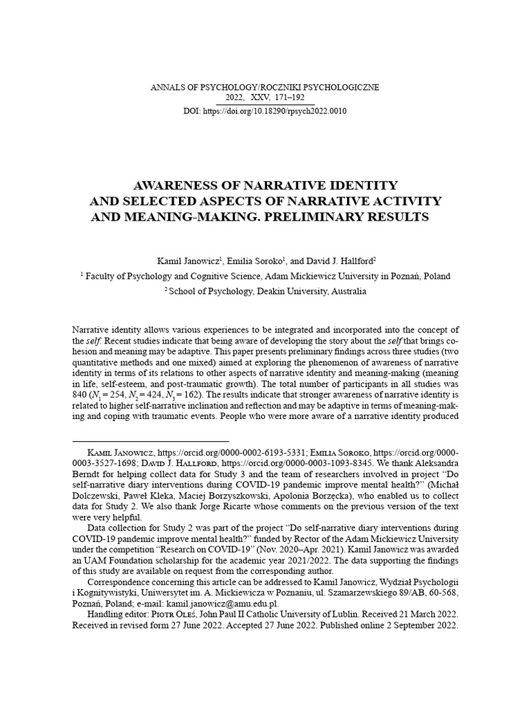 Awareness of Narrative Identity Study | PDF | Identity (Social Science ...