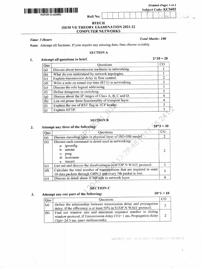 Networking Theory Exam Questions | PDF | Data Transmission