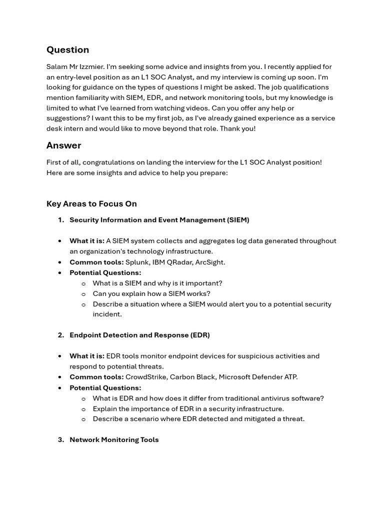 L1 SOC Analyst Interview Preparation Guide | PDF | Security | Computer ...