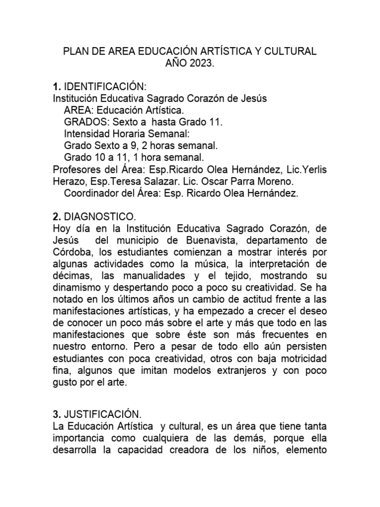 Plan de Educación Artística 2023 | PDF | Educación en artes visuales ...