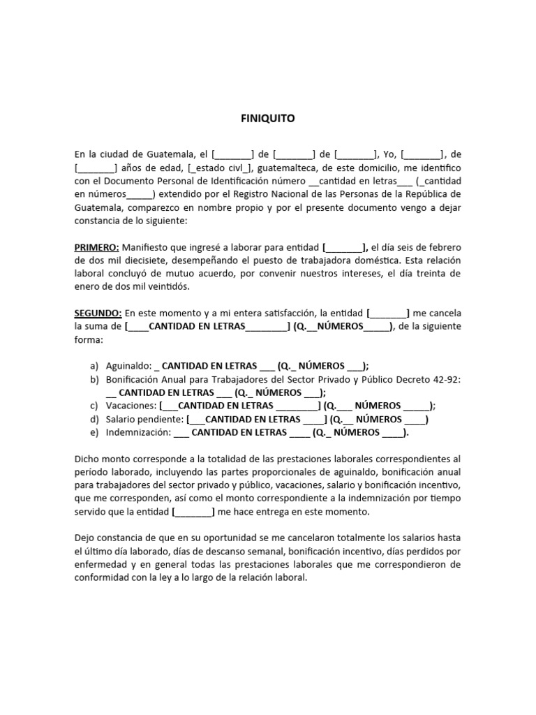 Ejemplo de Finiquito Laboral en Guatemala | PDF | Finanzas y dinero ...