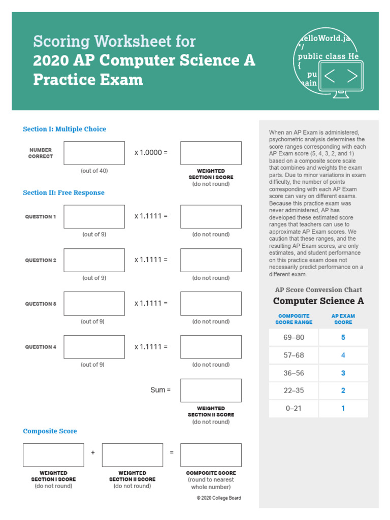 AP Computer Science a 2020 Practice Exam Scoring Worksheet.pdf | PDF ...