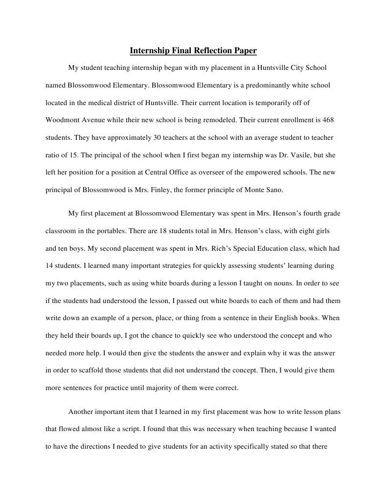 Internship Final Reflection Paper Classroom Teachers