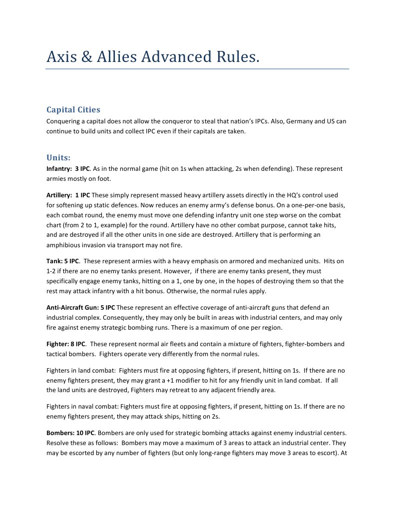 Axis & Allies Advanced Rules | PDF | Infantry | Wars & Military