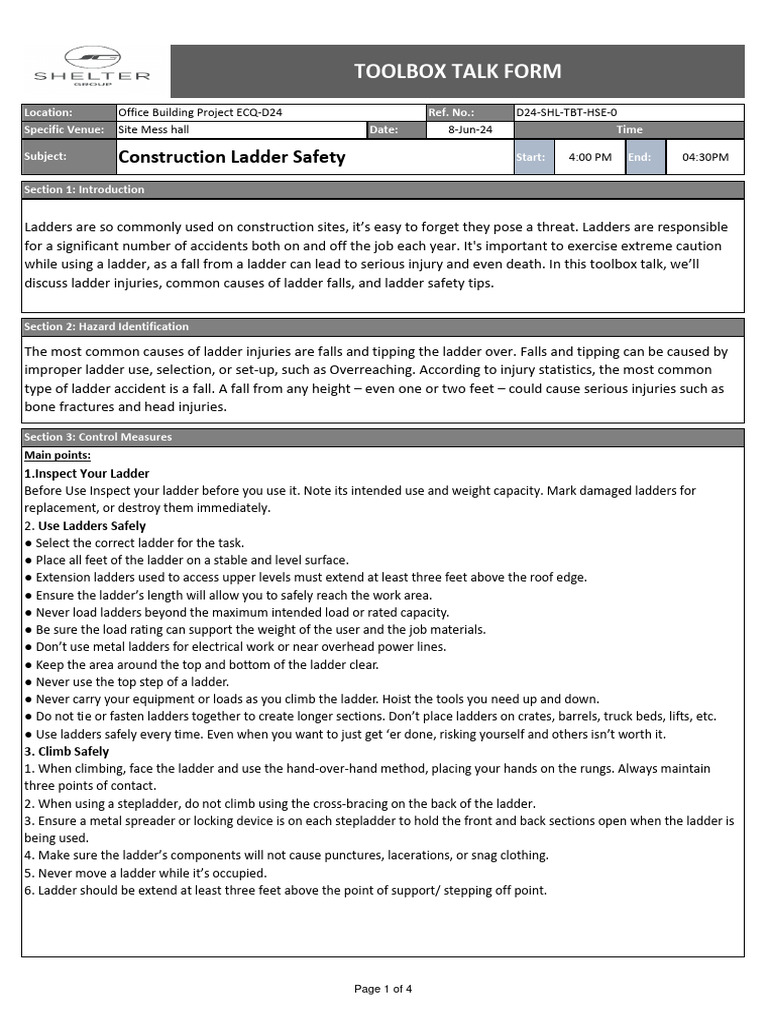 Toolbox Talk Construction Ladder Safety Pdf Ladder Occupational