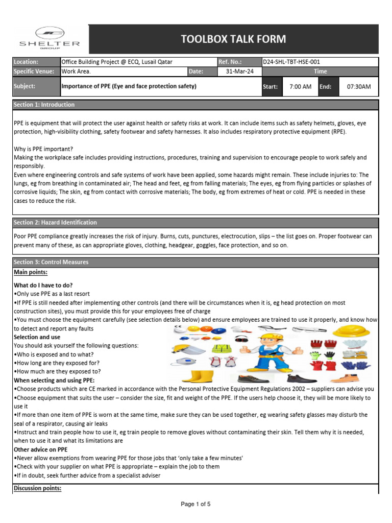 Toolbox Talk Form Importance of PPE 001 PDF Personal Protective