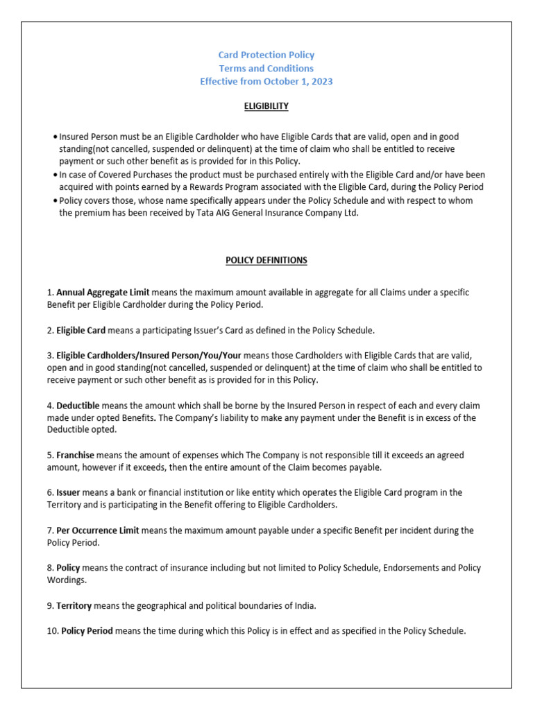 Card Protection Policy Terms & Benefits | PDF | Insurance | Deductible
