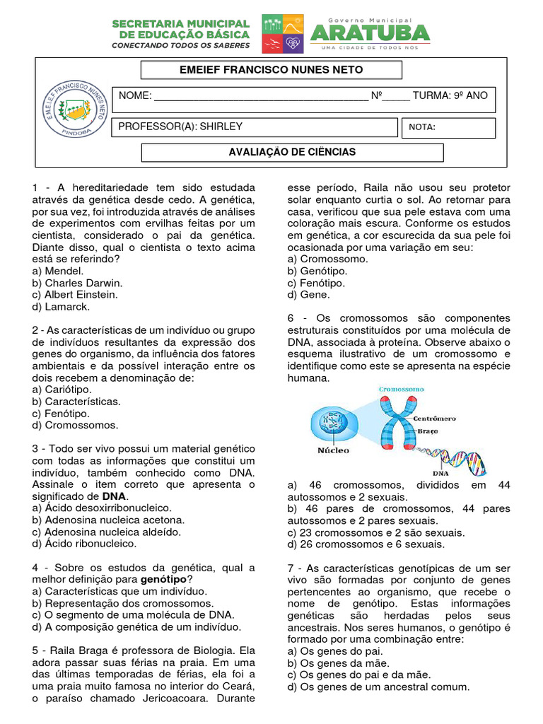 Avaliação de Ciências - 9º Ano | PDF | Genética | Genótipo