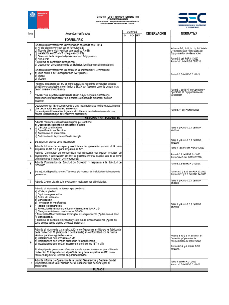 Checklist Te4 Gnral 2020 TT-v3 | PDF | Generador eléctrico | Cantidades ...