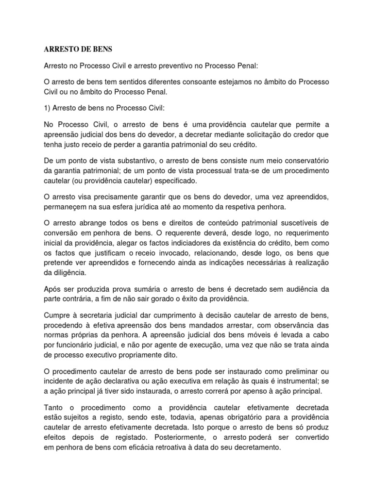 Arresto de Bens: Processo Civil e Penal | PDF | Injunção | Direito Público
