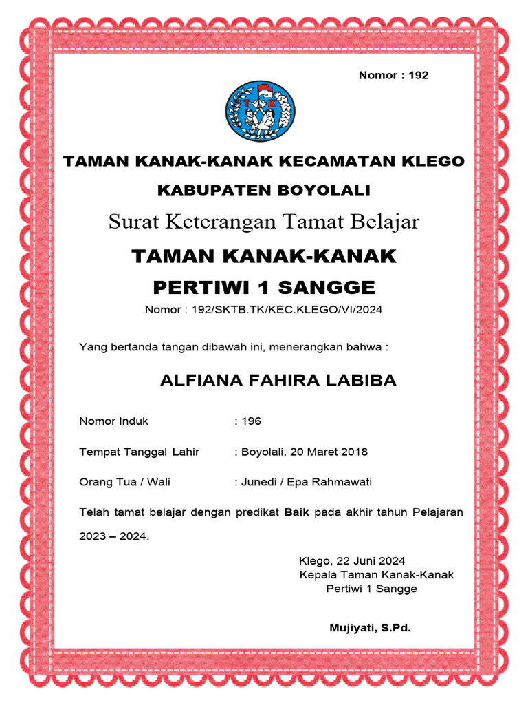 Surat Keterangan Tamat Belajar TK | PDF