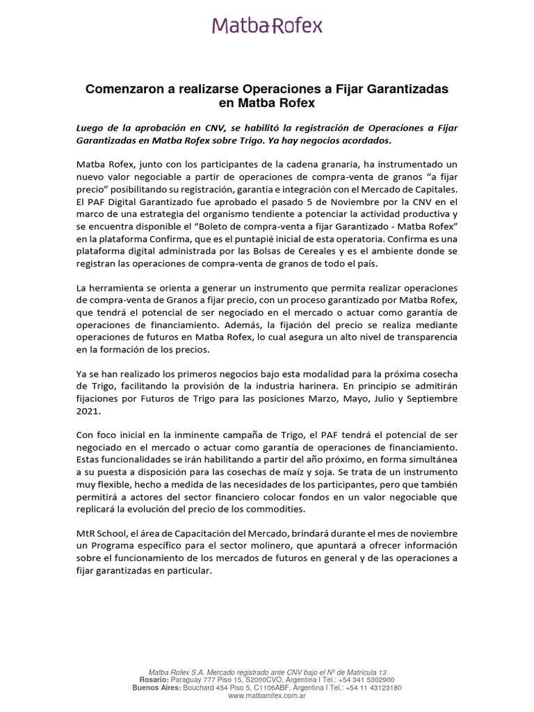 Operaciones a Fijar Garantizadas en Matba Rofex | PDF | Economias