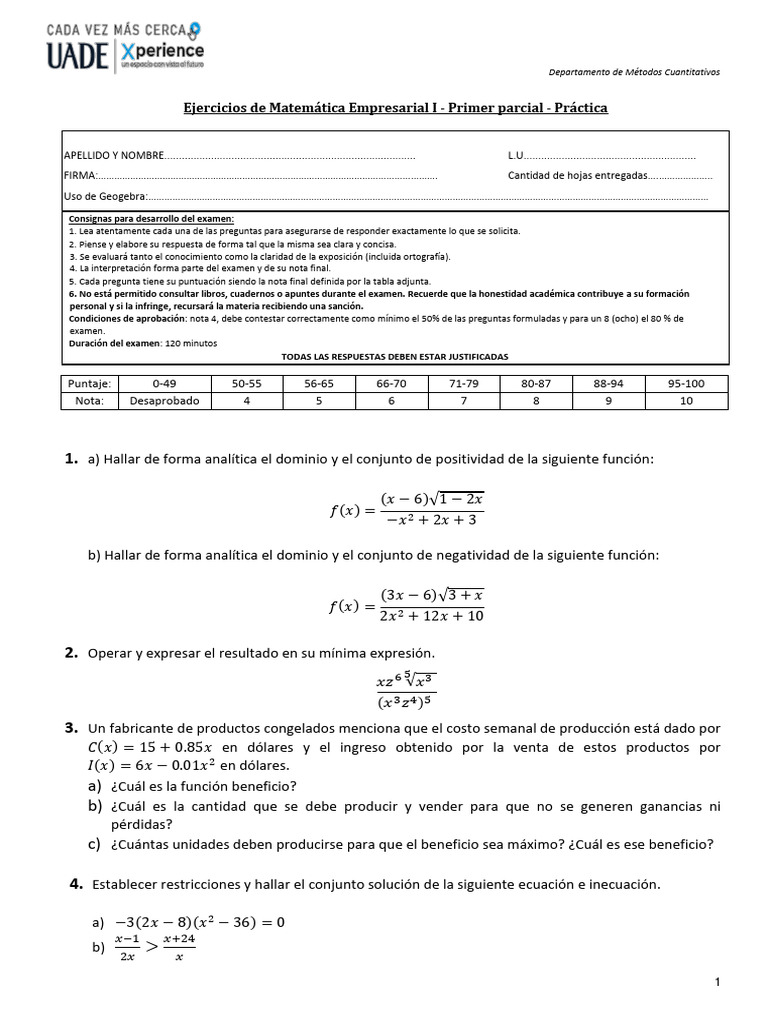 Ejercicios de Primer Parcial - Práctica | PDF | Función (Matemáticas ...