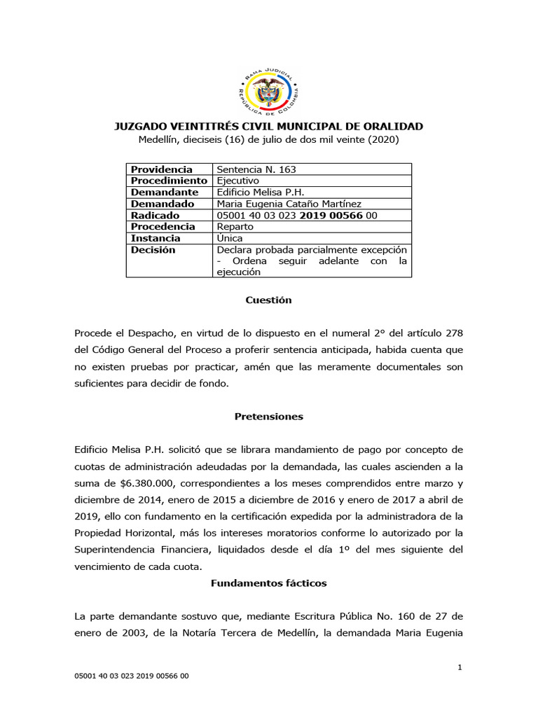 2019-00566 Sentencia Anticipada - Ejecutivo - Cuotas de Administración