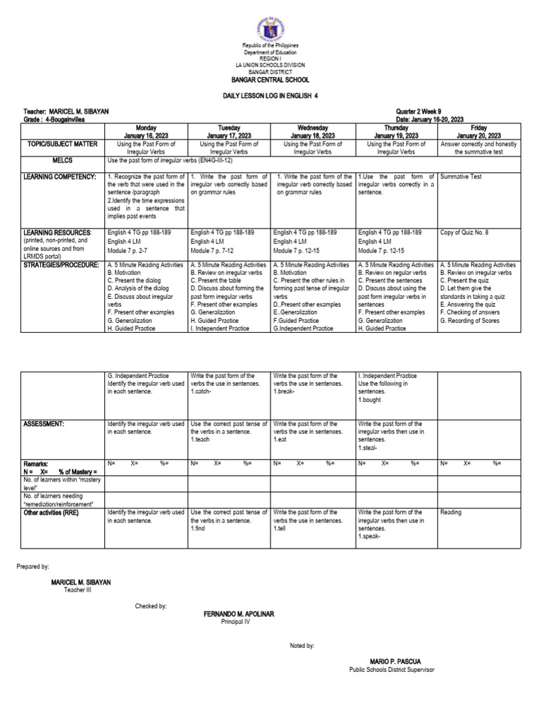 Daily Lesson Log for Grade 4 English & Science | PDF | Numbers ...